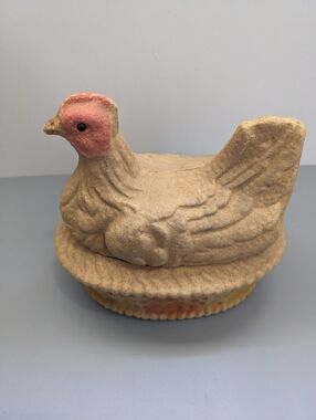 Antique Cardboard Chicken On Nest Candy Container 1920s Dark Lake Process Large
